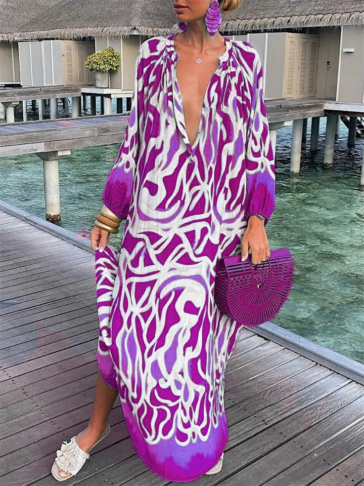 Avencea | V-Neck Linen Dress with Print