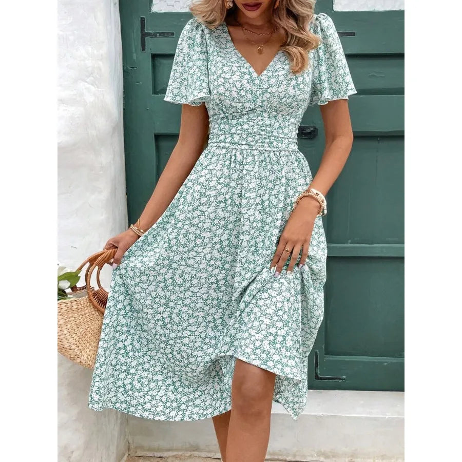 Women Summer Vacation Style Full Floral Print V-Neck Ruffle Short Sleeve Long Dress,Summer Dresses For Women,Pastel Flower Beach Holiday Resort