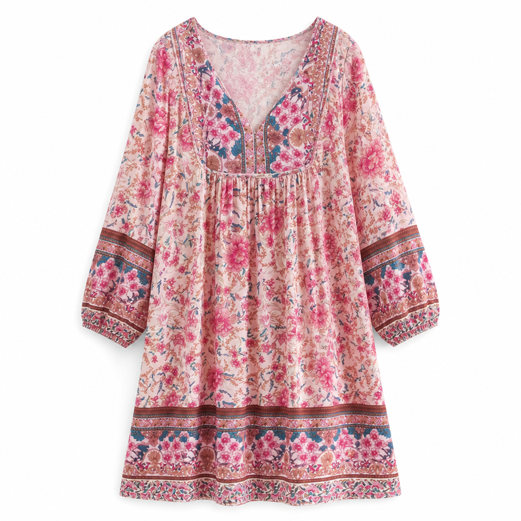 Women's Floral Mini Dress | Relaxed Fit | Bohemian Style, Mini Length | Summer Dress, Holiday Outfit, Wedding Guest