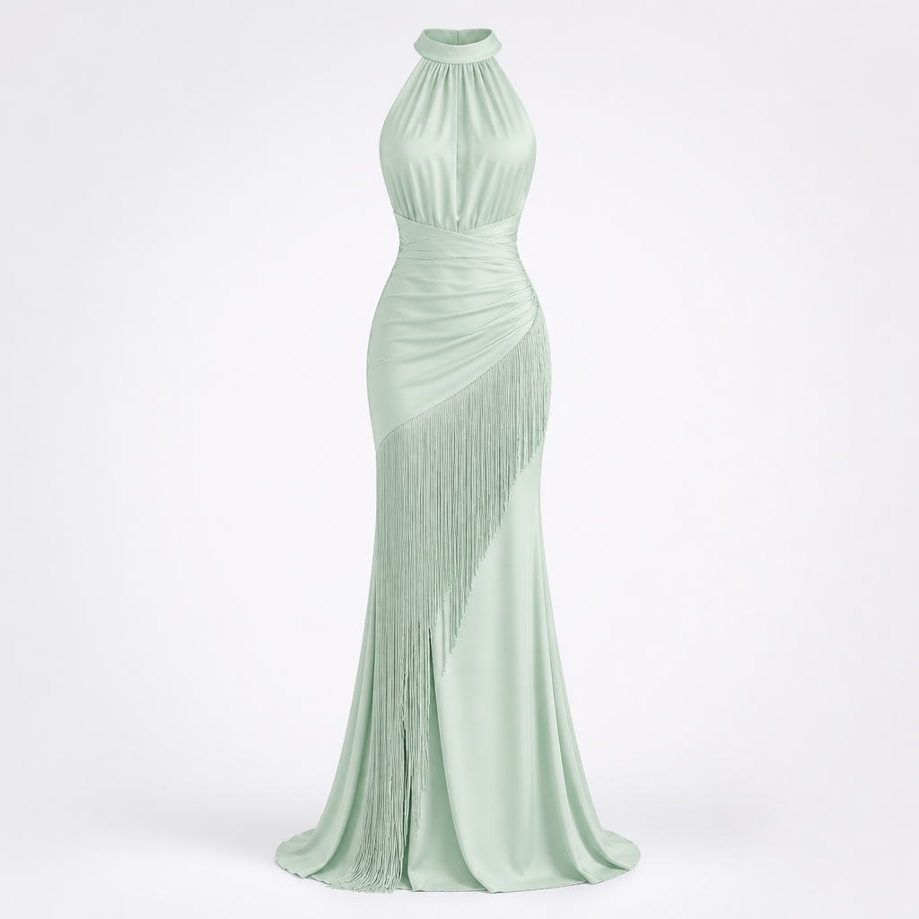 Women's Halter Evening Gown | Polyester Mint Green | Tassel Fishtail with Fitted Waist