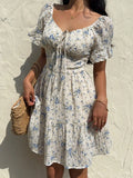 Sweet Printed Short Sleeved Beach Dress New Summer Vacation High Waisted Casual Dress 2026 Fashion Lace Up Pleated Party Dress