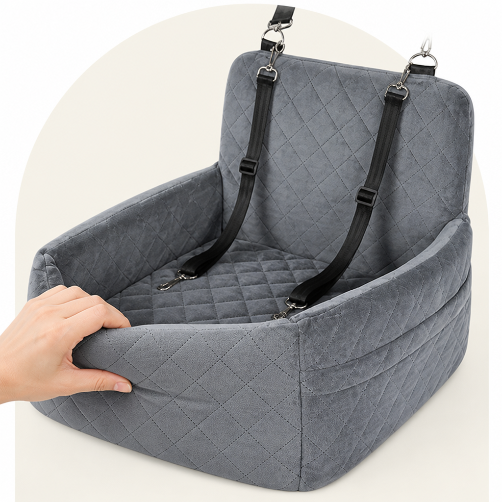 DogBedHouse Quilted Washable Oxford & Safety Belt Dog Car Seat (Removable Cushion)