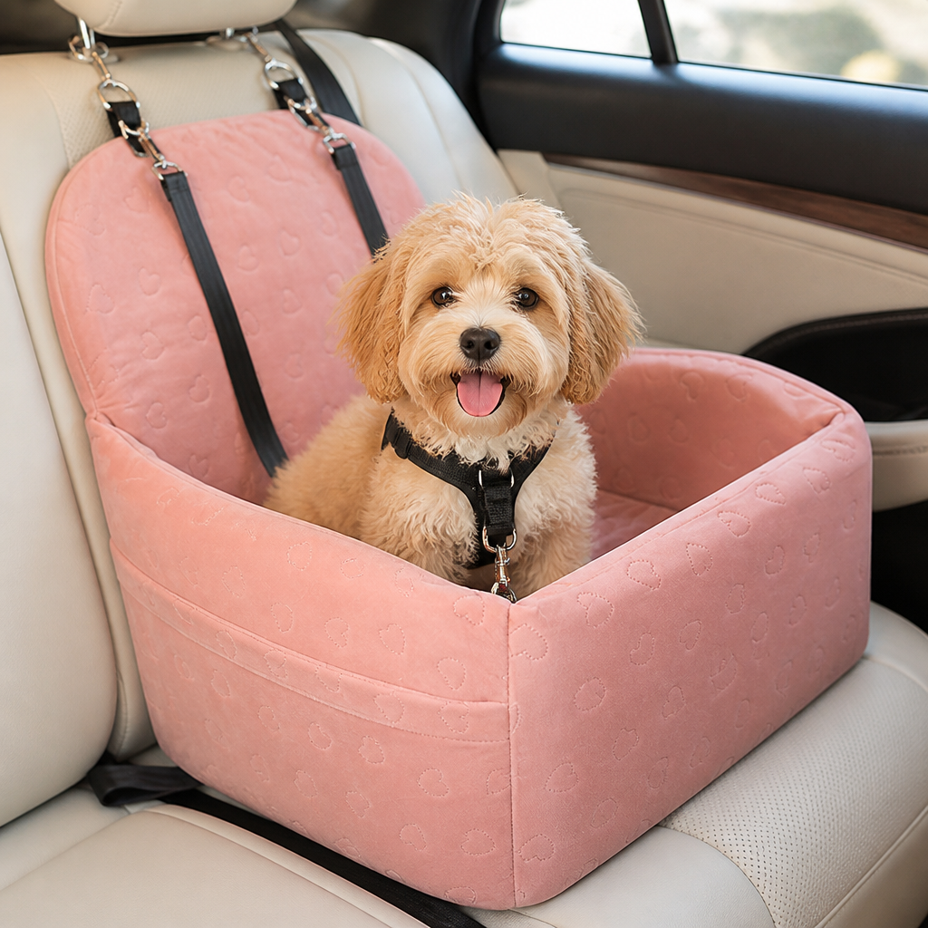DogBedHouse Plush Memory Foam Dog Car Seat (3 Clip-On Safety Leashes)