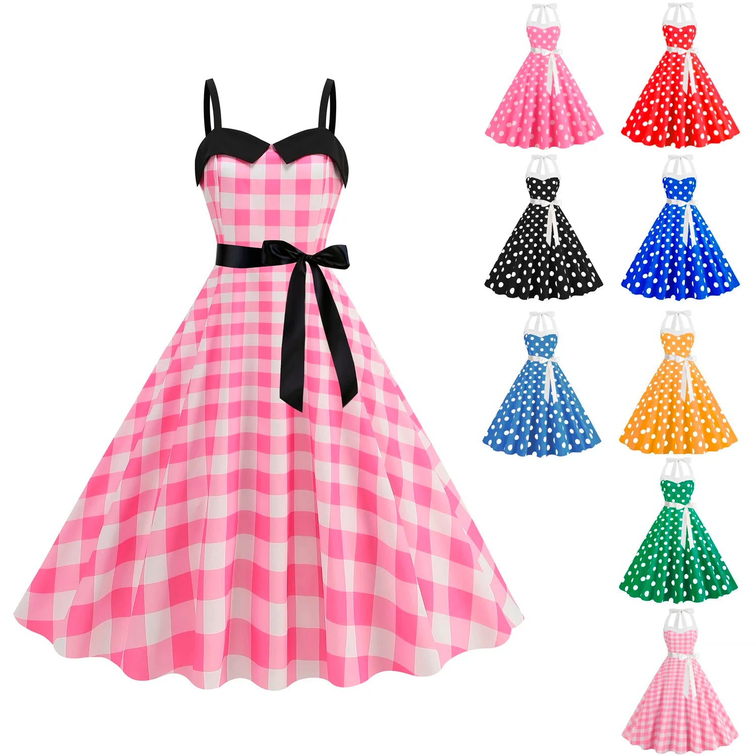 Elegant Women Polka Dot Dress Summer Hepburn 1950s 60s Vintage Sexy Halter Rockabilly Retro Party Office Dresses 2026 Robe Pinup