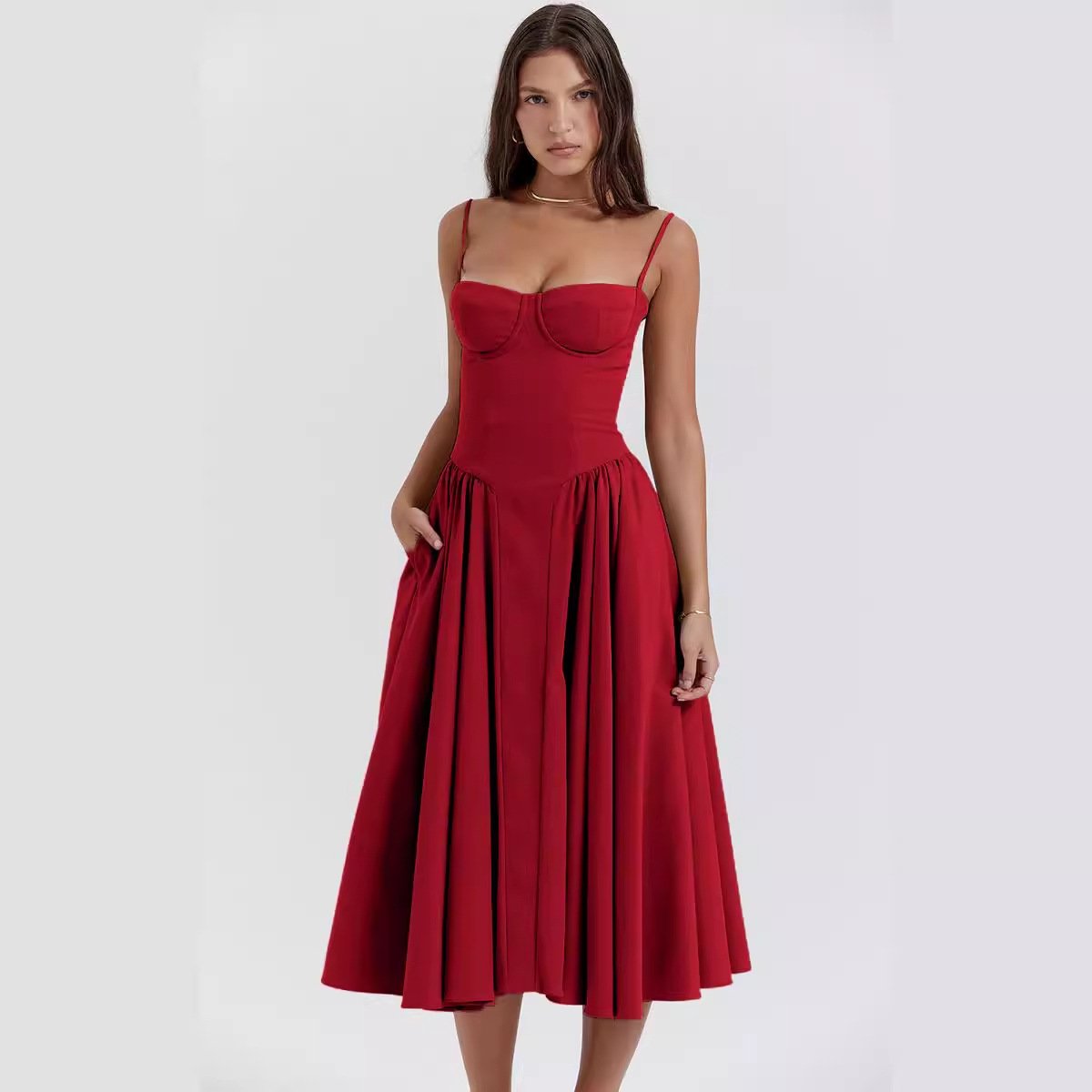 Avencea Wide Swinging, Deep Cut Midi Dress with Straps