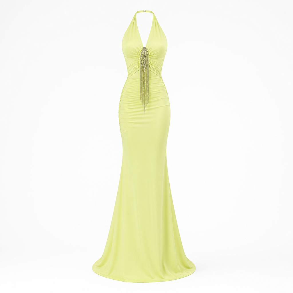Women's Halter Evening Gown | Polyester Mint Green | Tassel Fishtail with Fitted Waist
