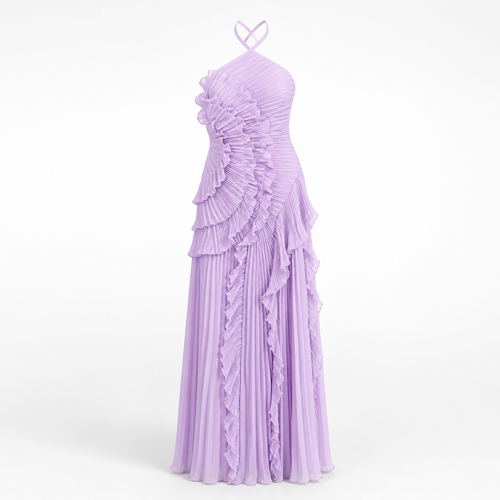 Women's Pleated Maxi Dress | Ruffle Off-Shoulder Layered Style | Floor-Length Wedding & Party