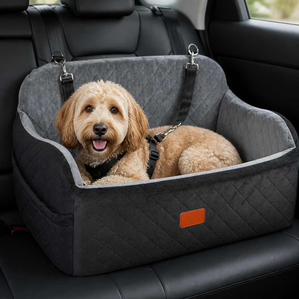 DogBedHouse Memory Foam & Non-Slip Dog Car Seat (Adjustable Leashes)